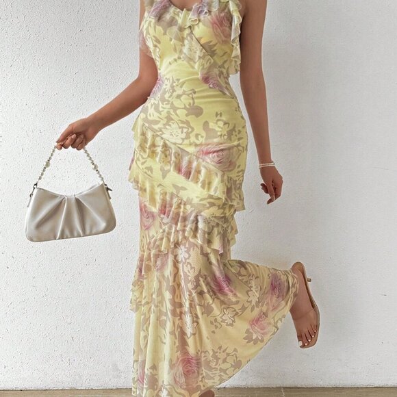Yellow Boho Women's Beach Vacation Floral Print Ruffled Cami Dress Maxi - Picture 2 of 7
